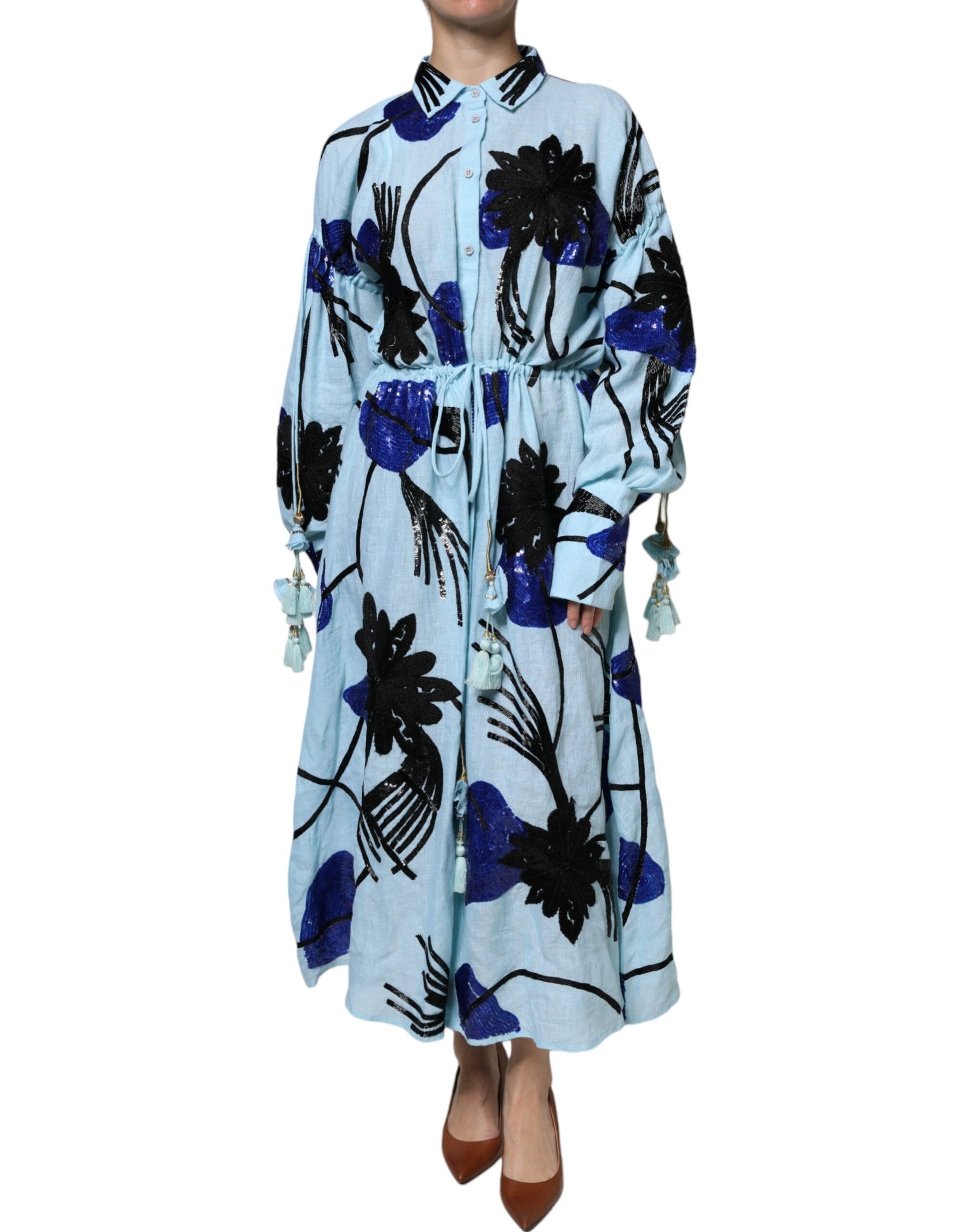 Christian Pellizzari Light Blue Floral Embellished Shirt Maxi Dress | Regal Royce