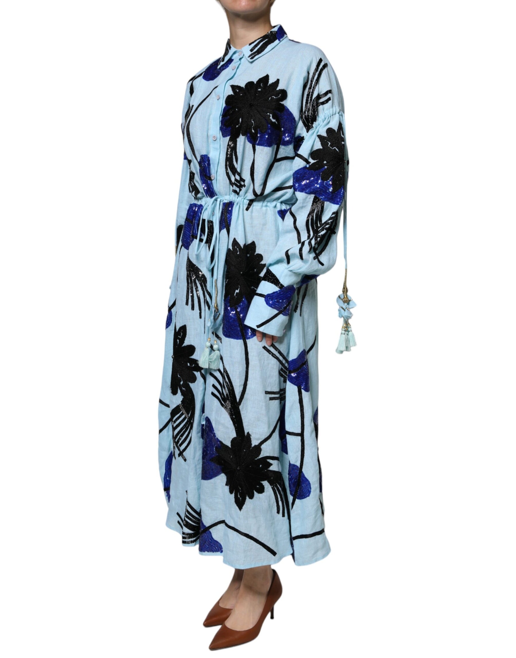 Christian Pellizzari Light Blue Floral Embellished Shirt Maxi Dress | Regal Royce