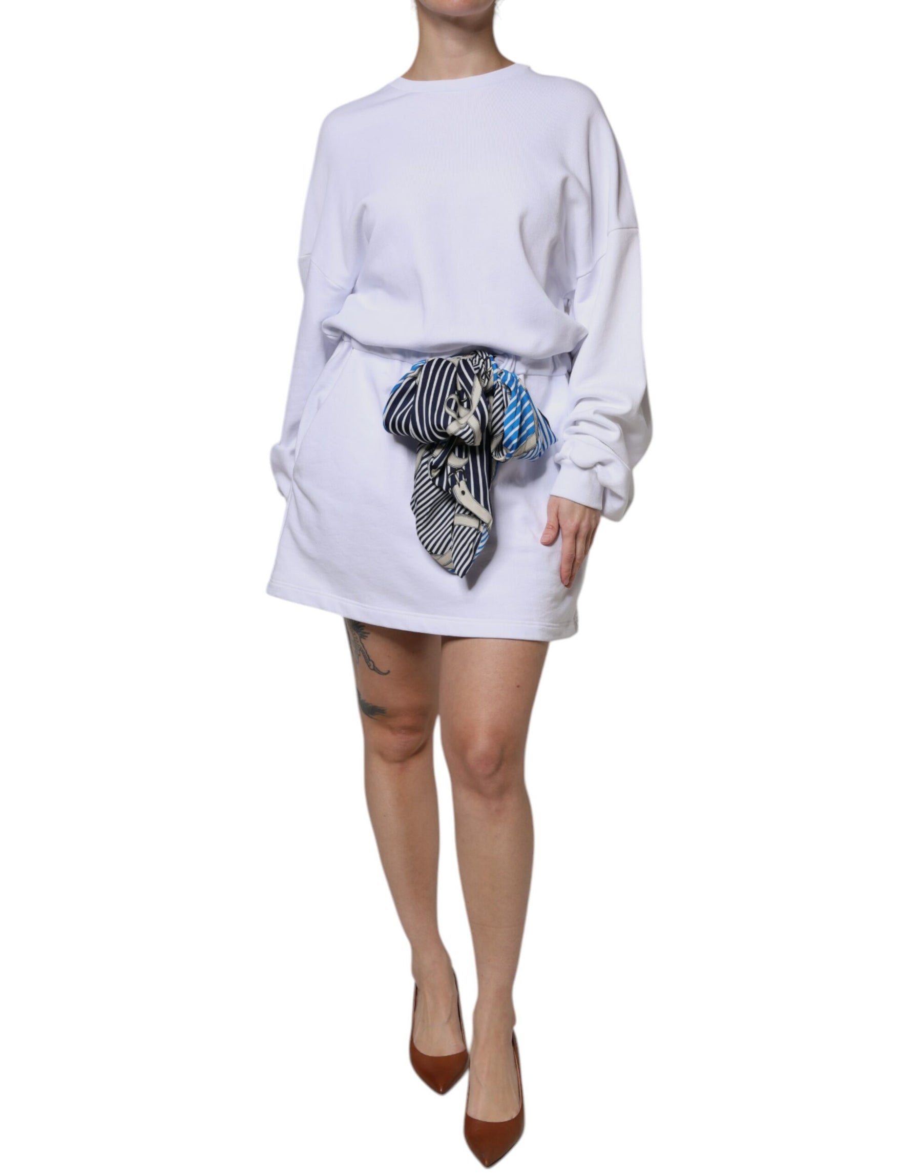 MSGM White Cotton Belted Long Sleeves Crew Neck Mini Dress | Regal Royce