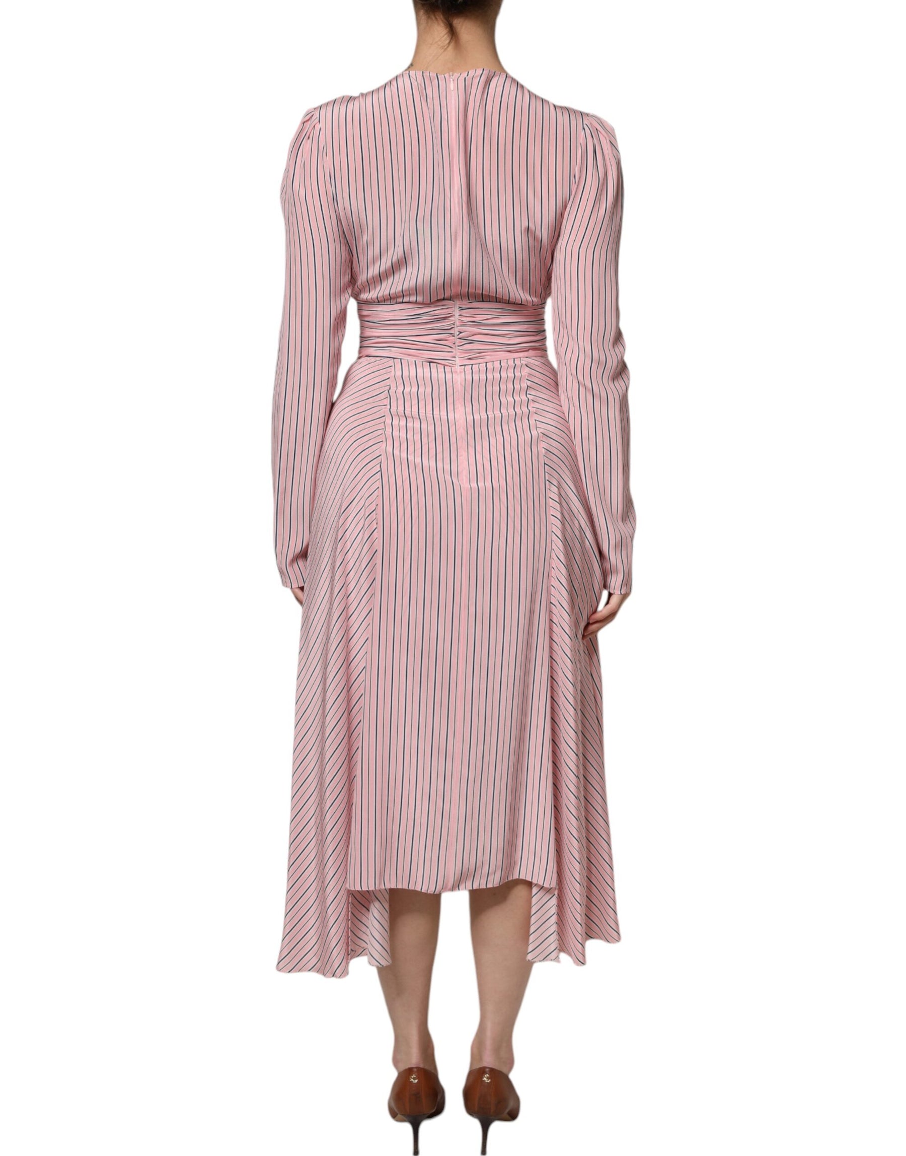 Ermanno Scervino Pink Stripes Silk Long Sleeves Midi Dress | Regal Royce