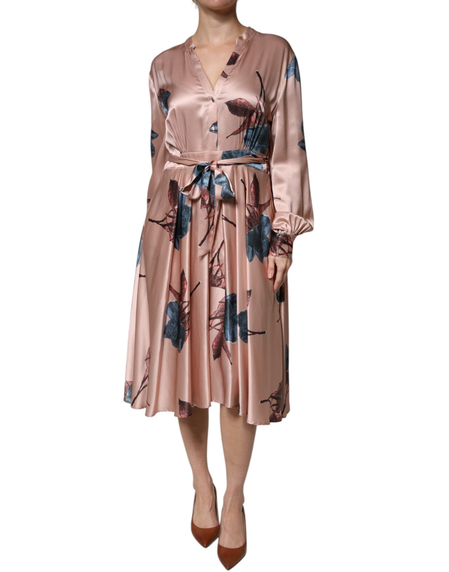 L'Autre Chose Pink Satin Floral Long Sleeves A-line Midi Dress | Regal Royce