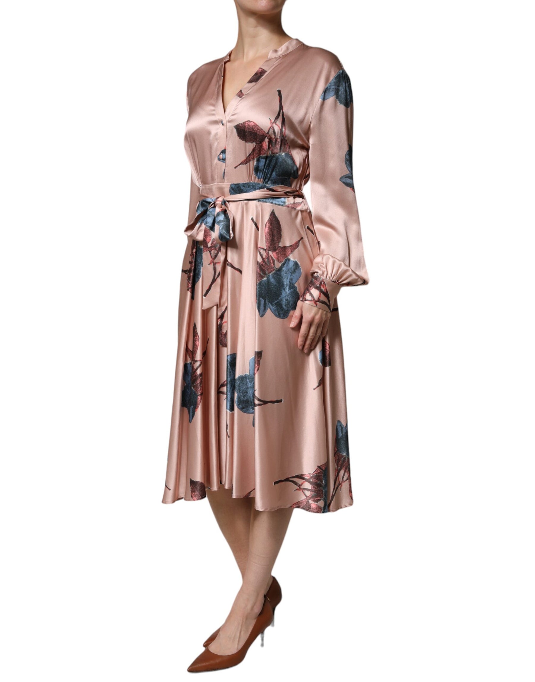 L'Autre Chose Pink Satin Floral Long Sleeves A-line Midi Dress | Regal Royce