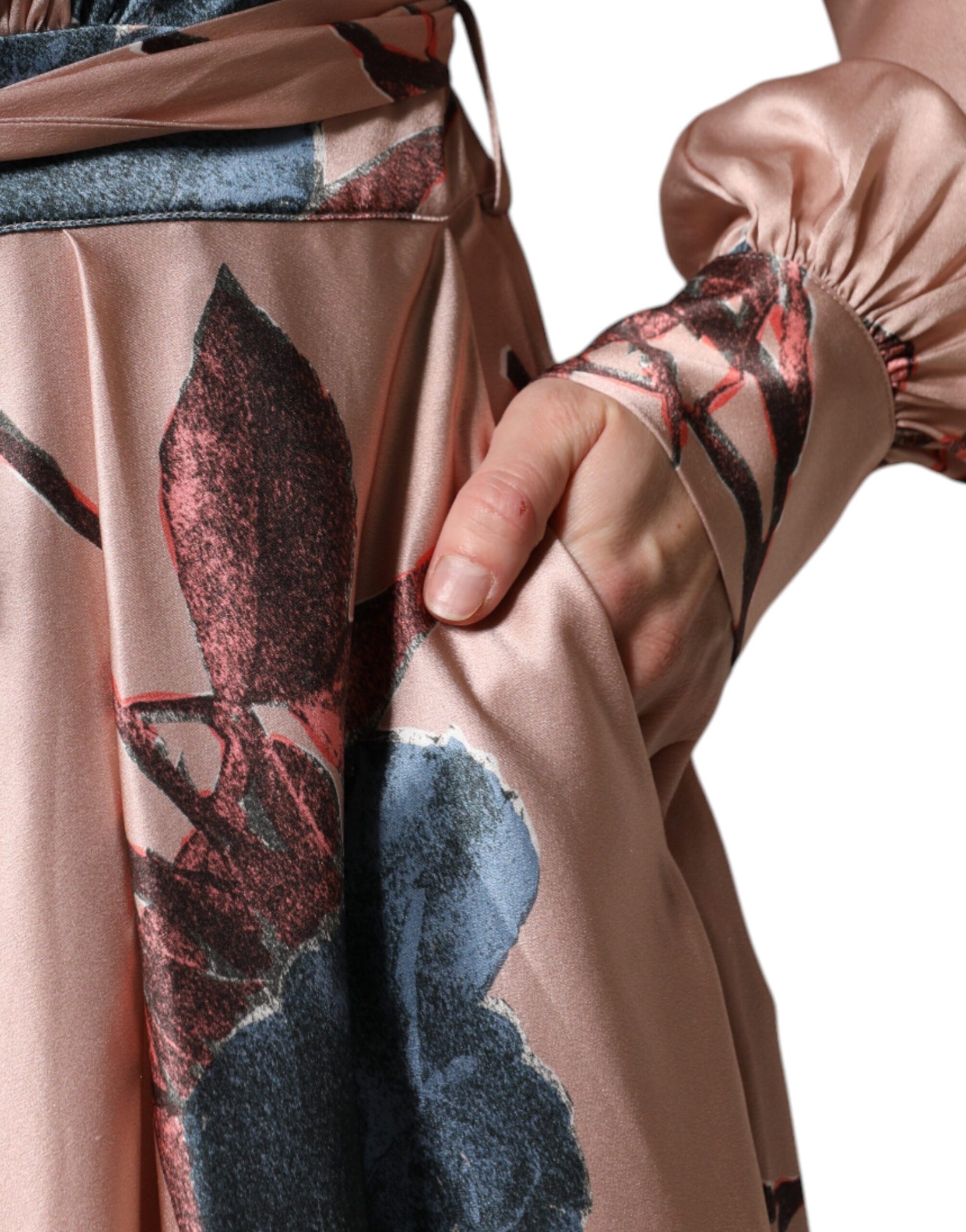 L'Autre Chose Pink Satin Floral Long Sleeves A-line Midi Dress | Regal Royce