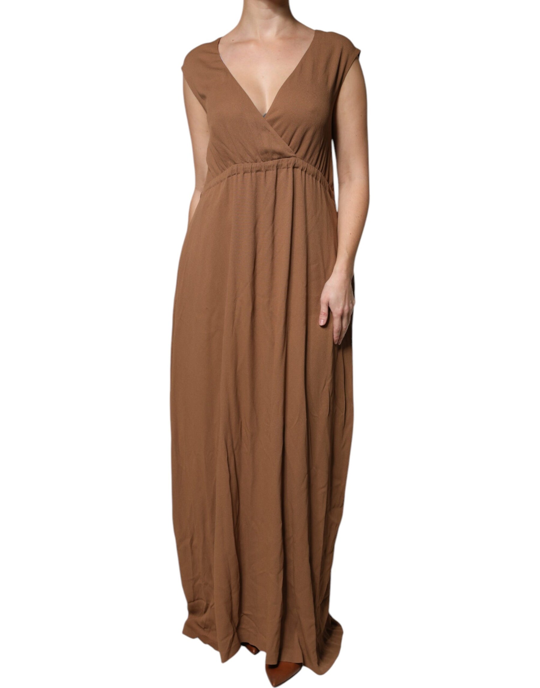 Fabiana Filippi Brown Sleeveless Deep V-neck A-line Long Maxi Dress | Regal Royce