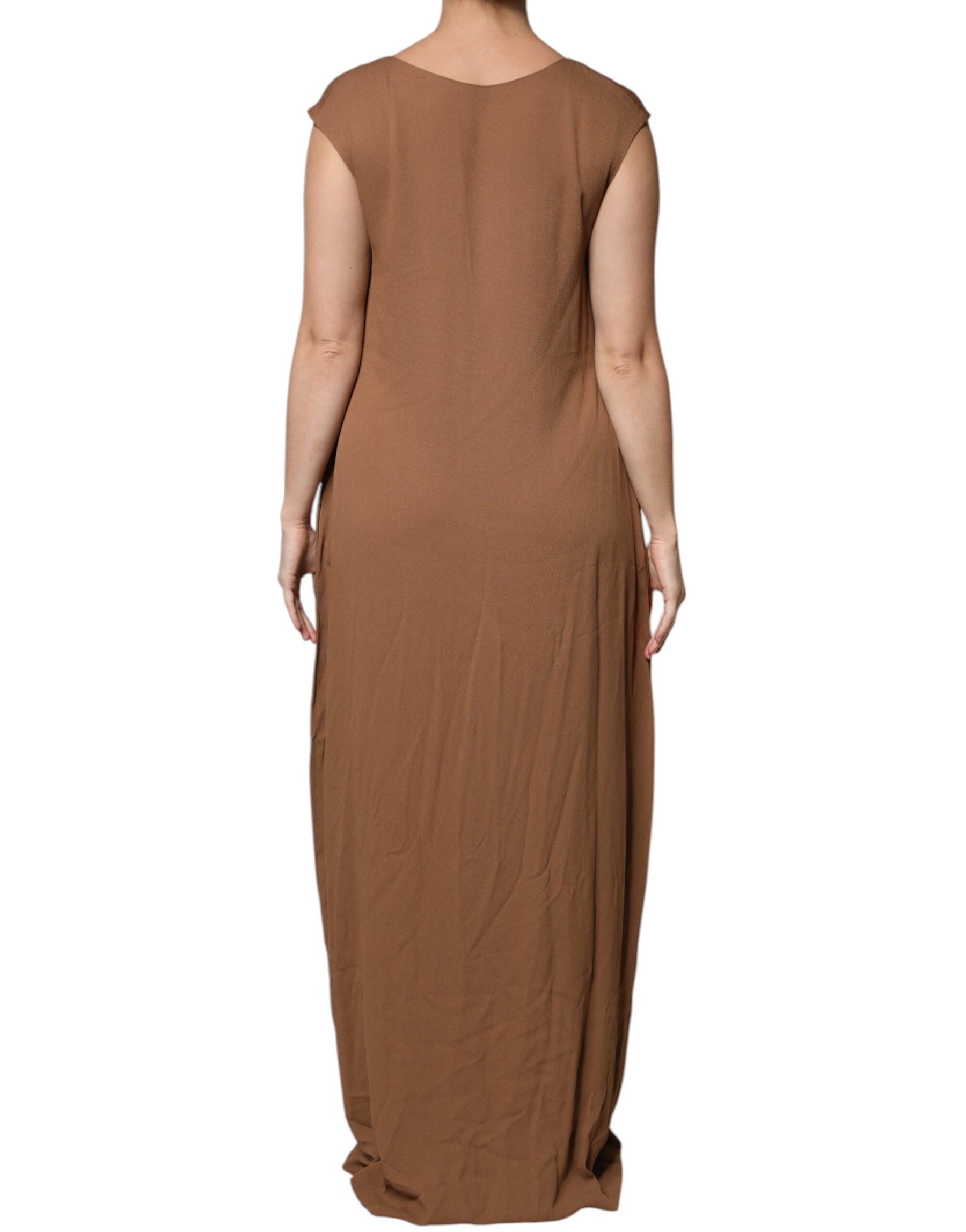 Fabiana Filippi Brown Sleeveless Deep V-neck A-line Long Maxi Dress | Regal Royce