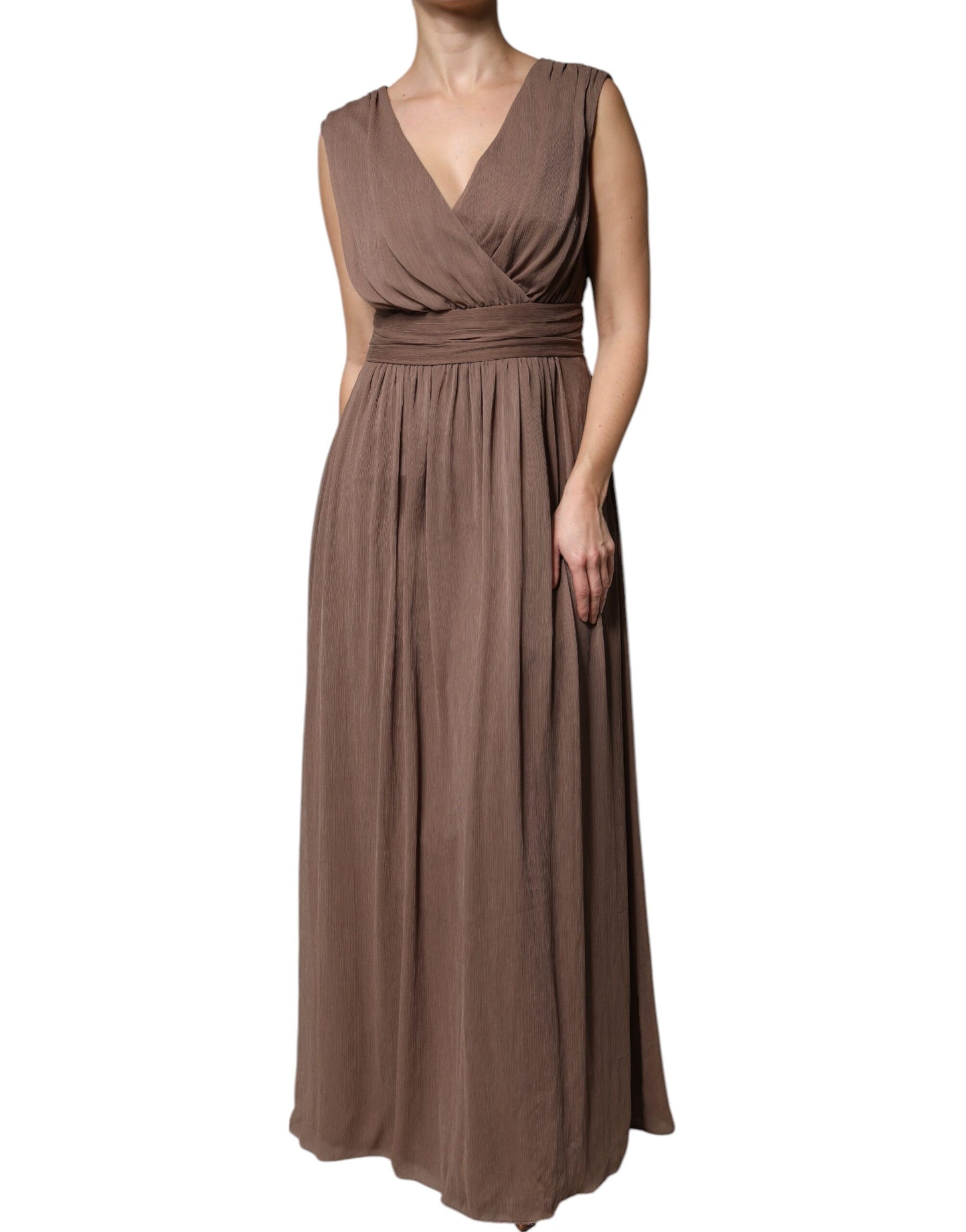 Peserico Brown Sleeveless Deep V-neck A-line Long Maxi Dress | Regal Royce
