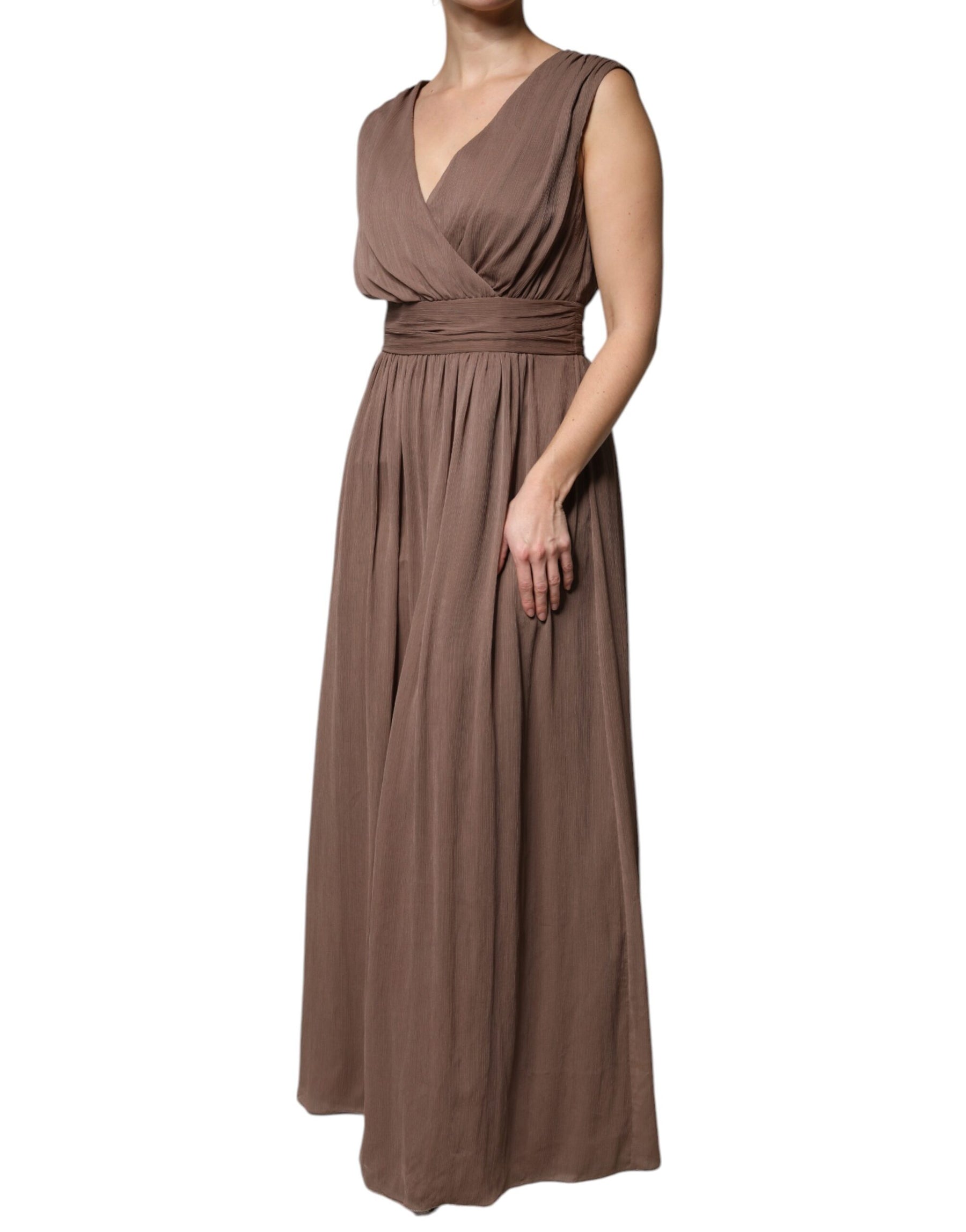 Peserico Brown Sleeveless Deep V-neck A-line Long Maxi Dress | Regal Royce
