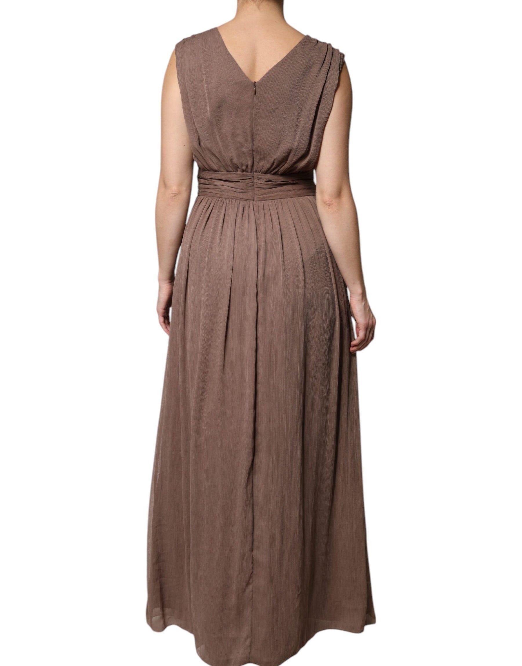 Peserico Brown Sleeveless Deep V-neck A-line Long Maxi Dress | Regal Royce