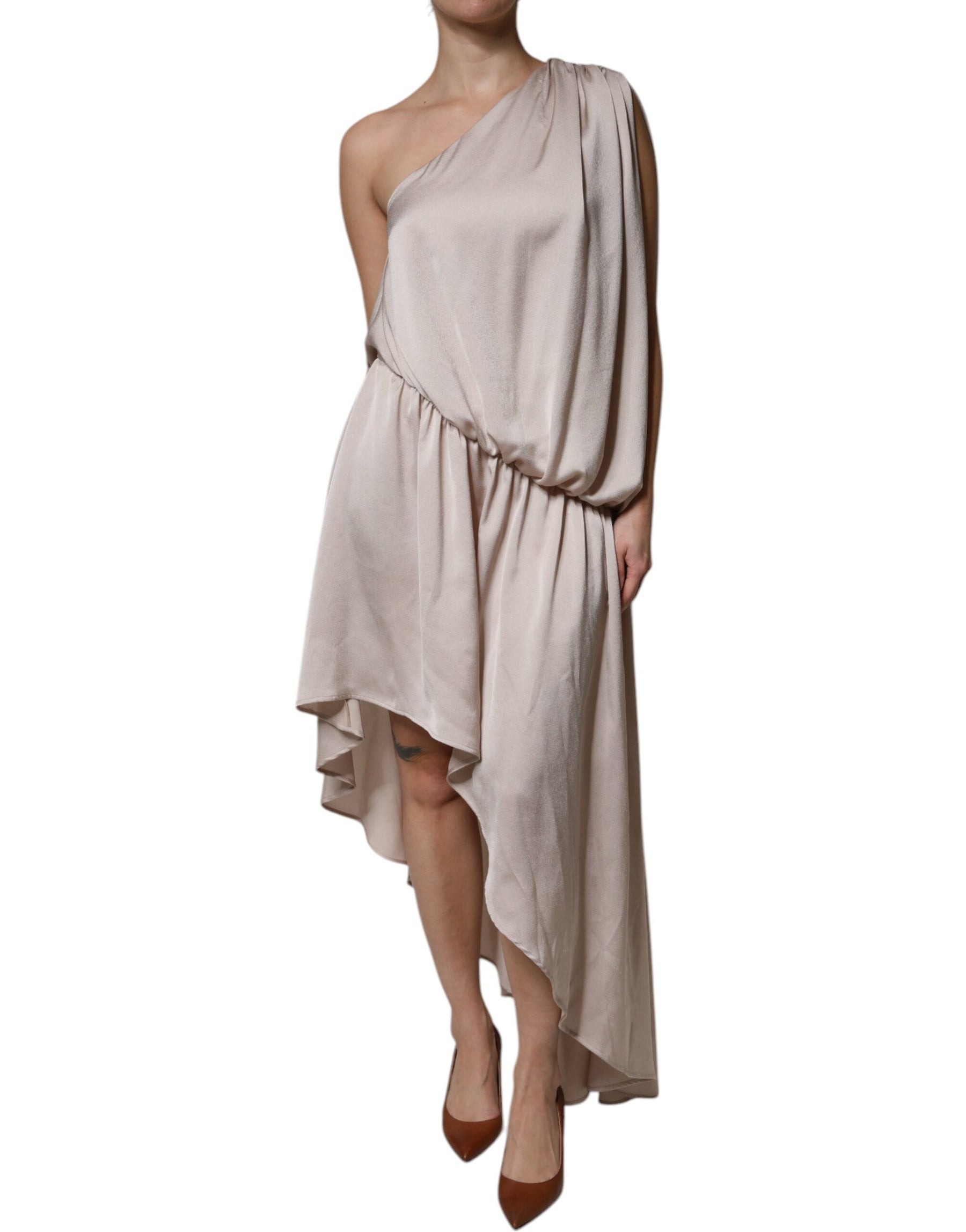 Christian Pellizzari Beige One Shoulder Asymmetric Drape Dress | Regal Royce