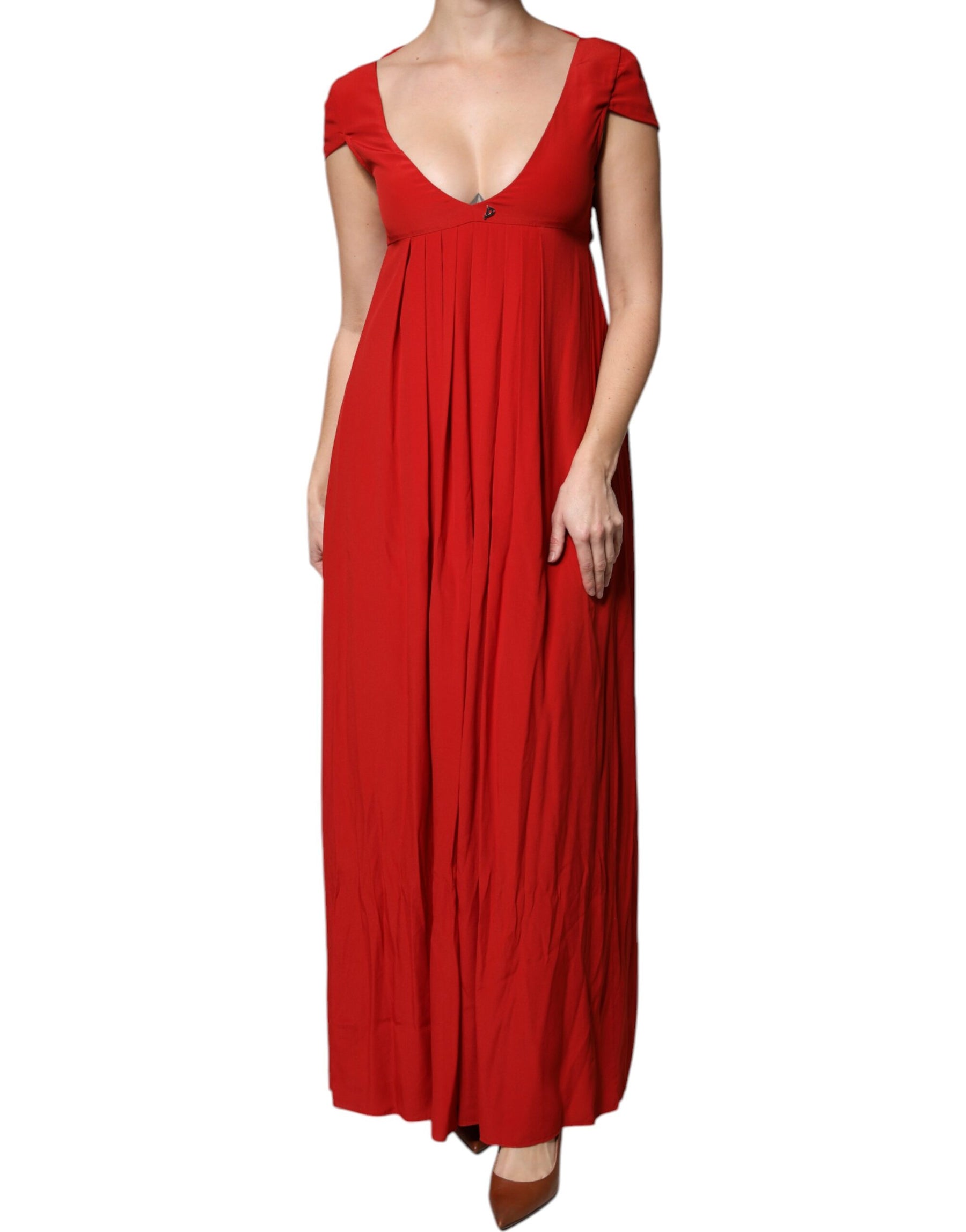 Dondup Red Acetate Short Sleeves Plunging Neckline Maxi Dress | Regal Royce