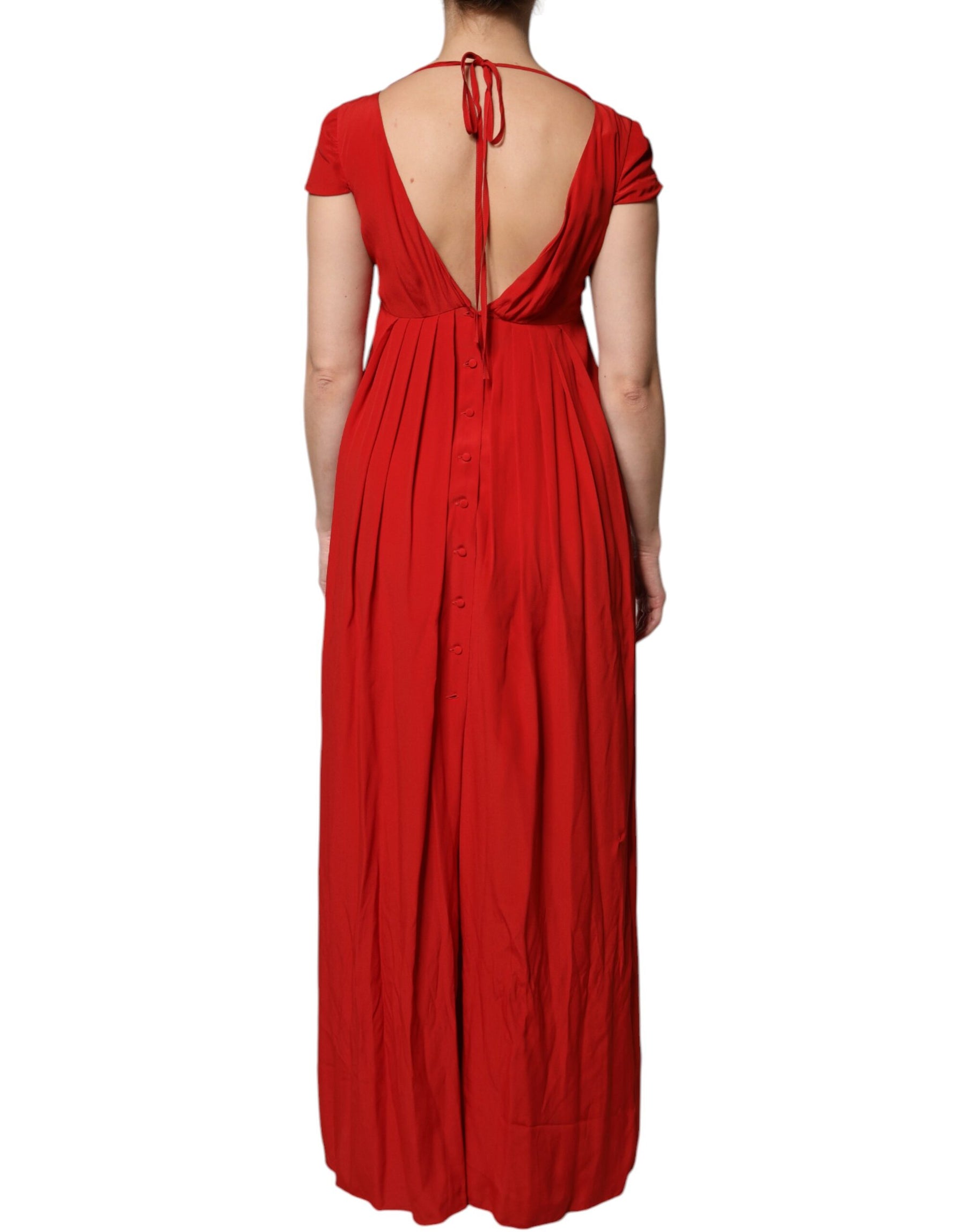 Dondup Red Acetate Short Sleeves Plunging Neckline Maxi Dress | Regal Royce