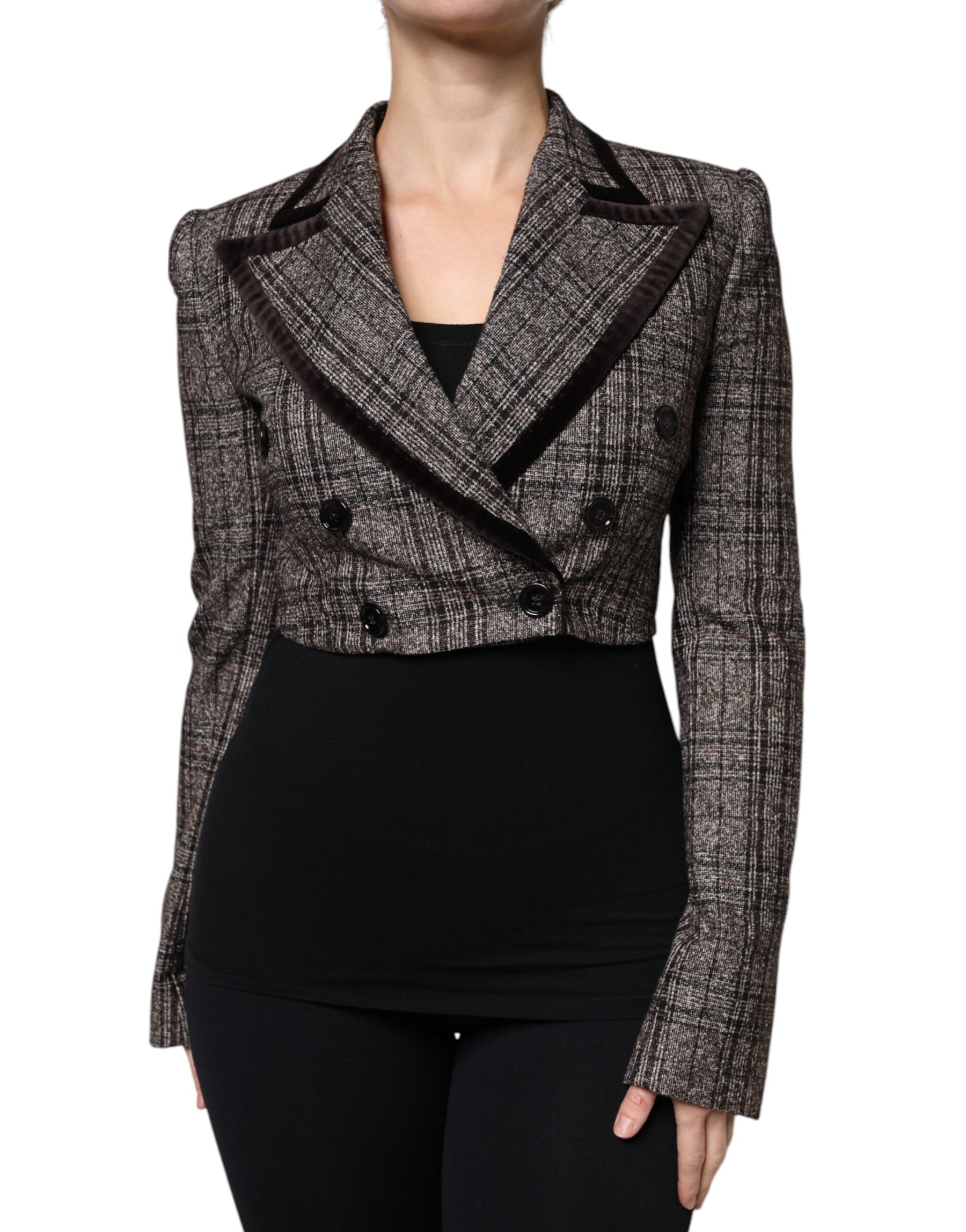 Dolce & Gabbana Brown Plaid Long Sleeve Cropped Coat Jacket | Regal Royce