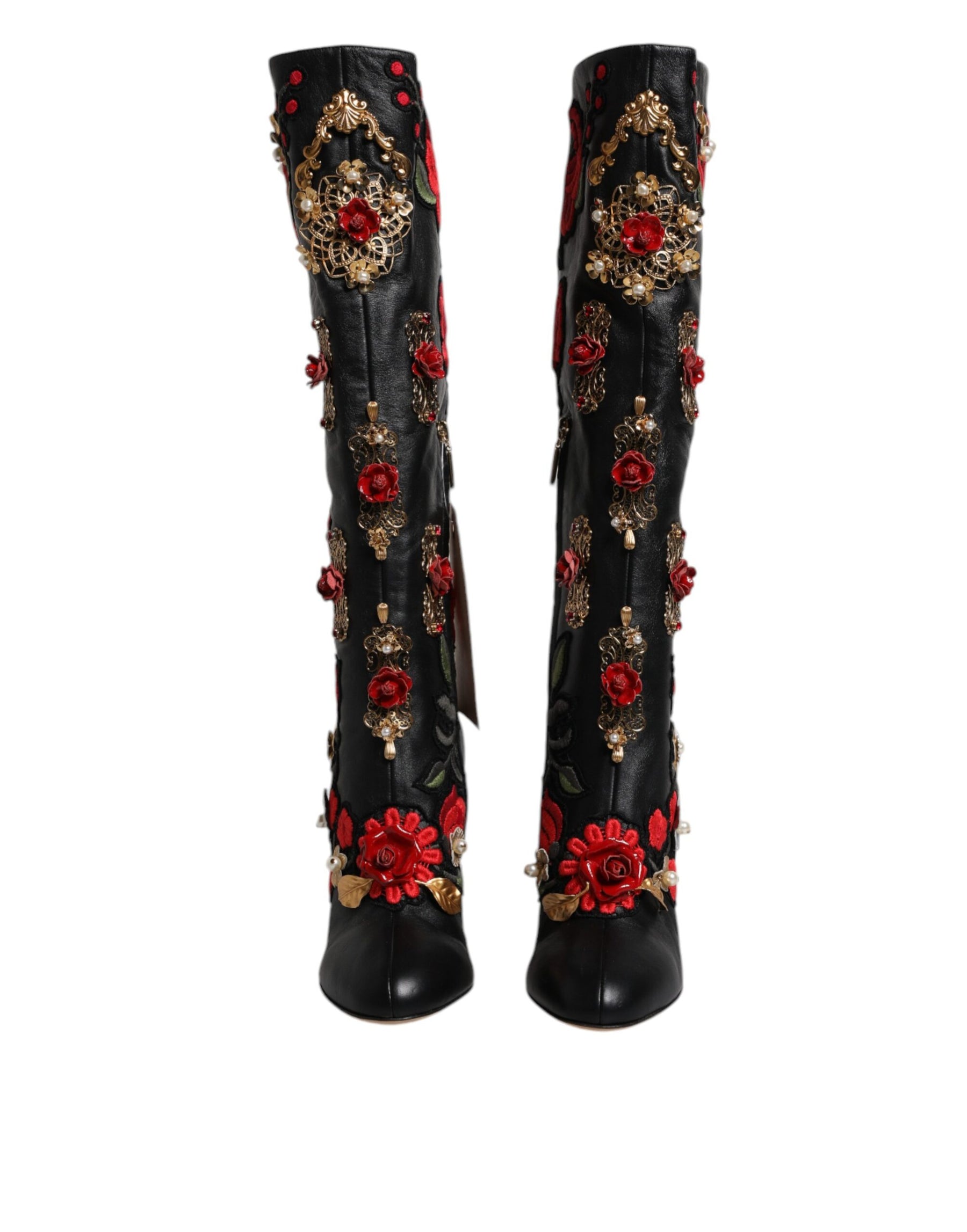 Dolce & Gabbana Black Roses Embellished Leather Heel Boots Shoes | Regal Royce