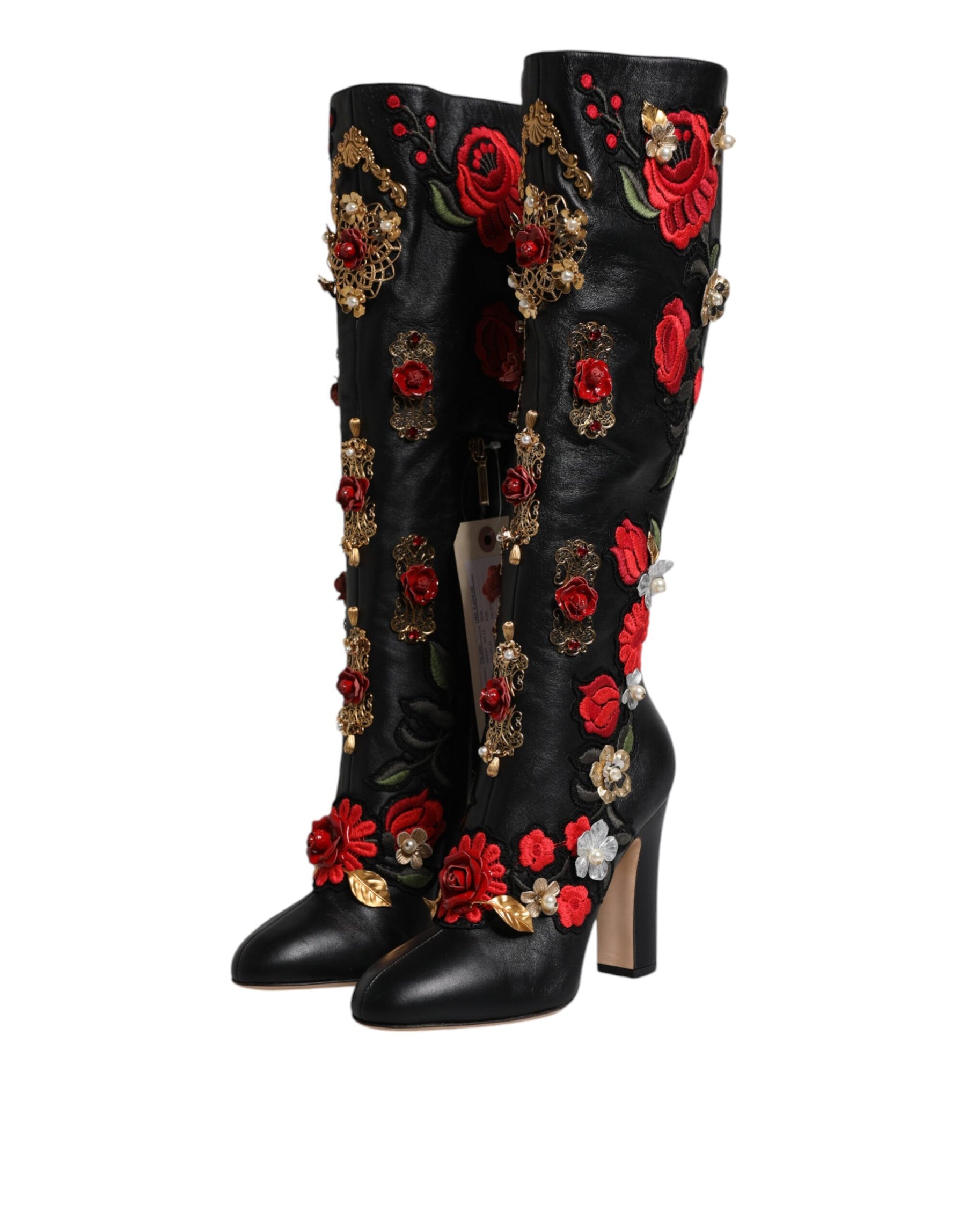 Dolce & Gabbana Black Roses Embellished Leather Heel Boots Shoes | Regal Royce