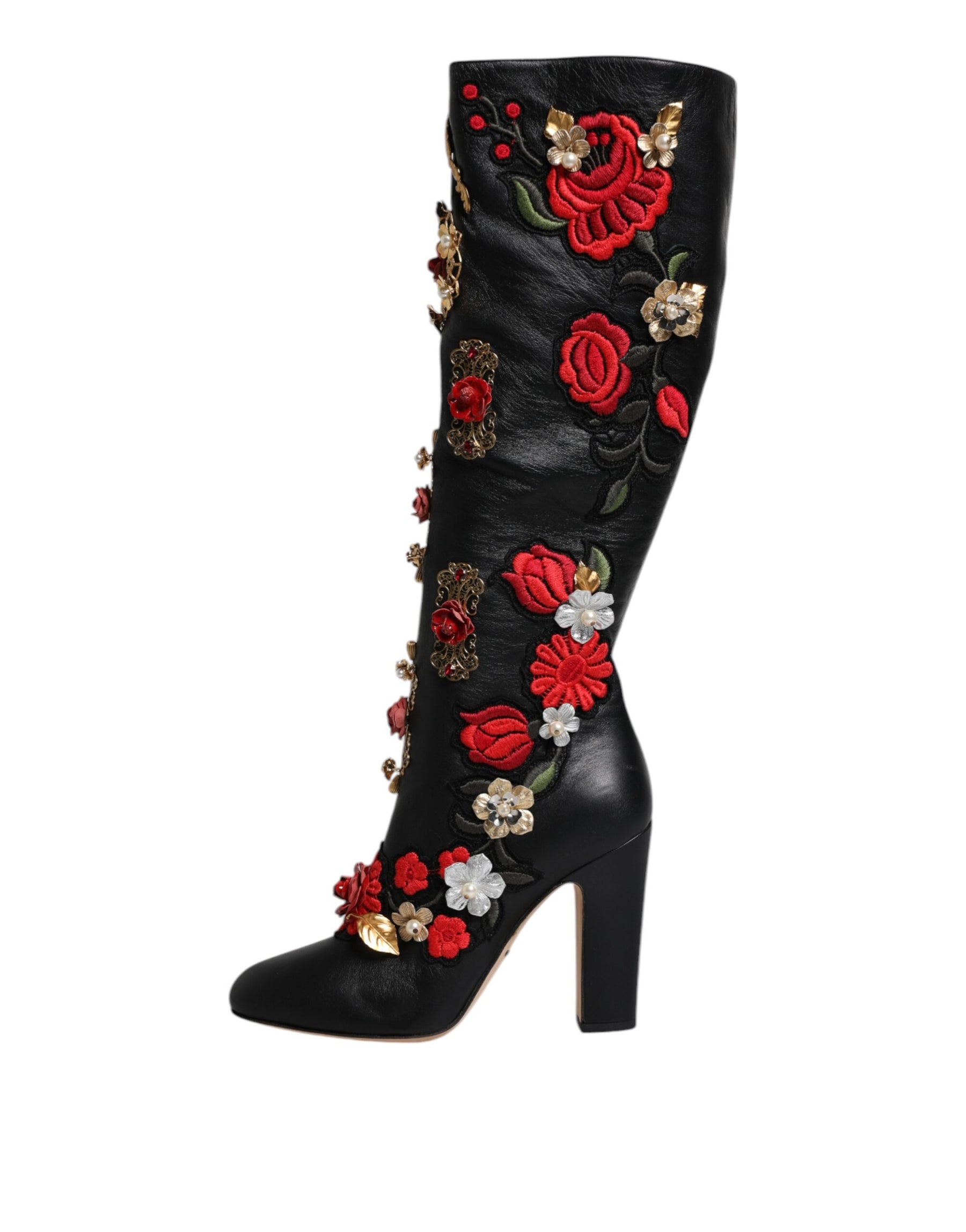 Dolce & Gabbana Black Roses Embellished Leather Heel Boots Shoes | Regal Royce