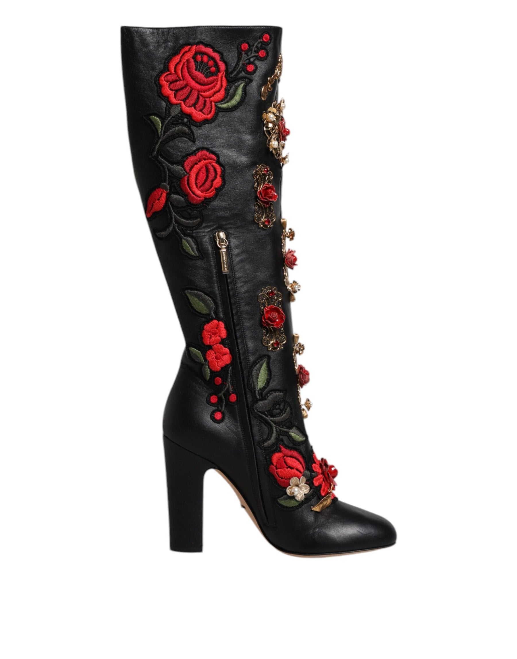 Dolce & Gabbana Black Roses Embellished Leather Heel Boots Shoes | Regal Royce
