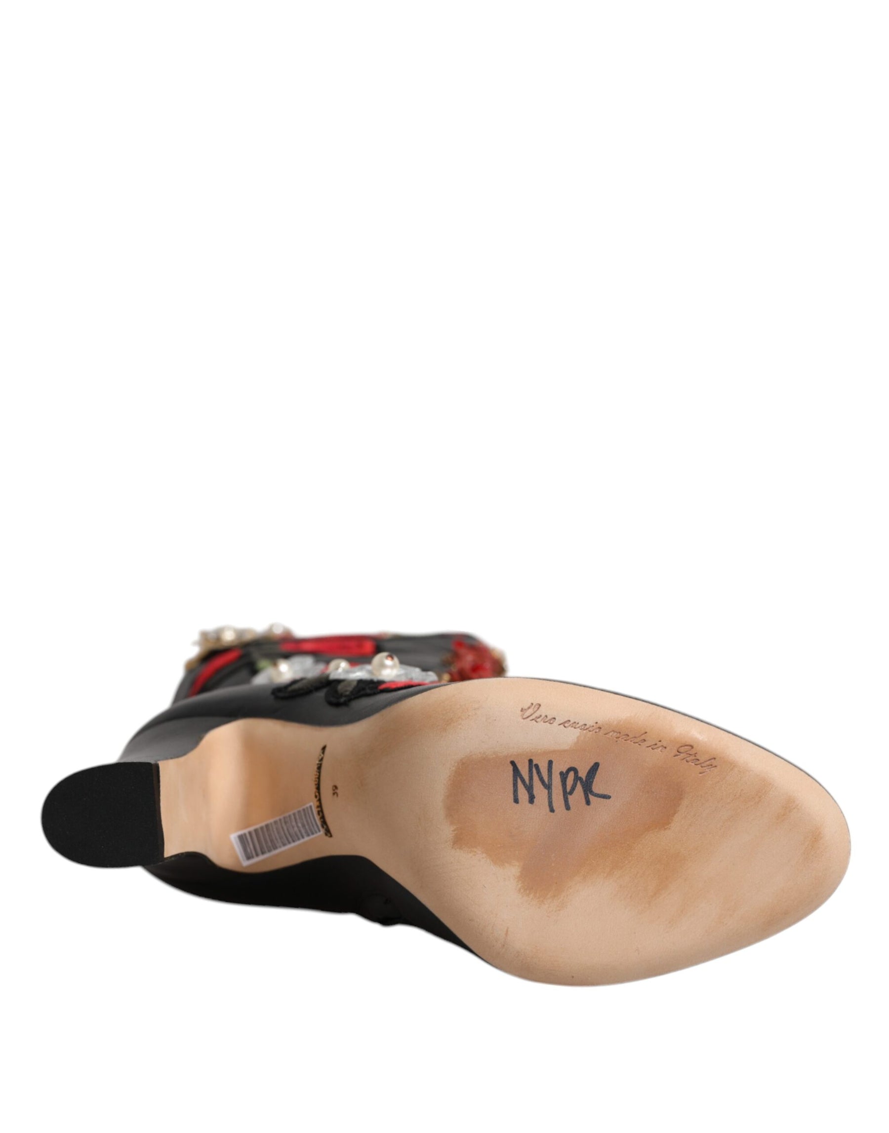 Dolce & Gabbana Black Roses Embellished Leather Heel Boots Shoes | Regal Royce