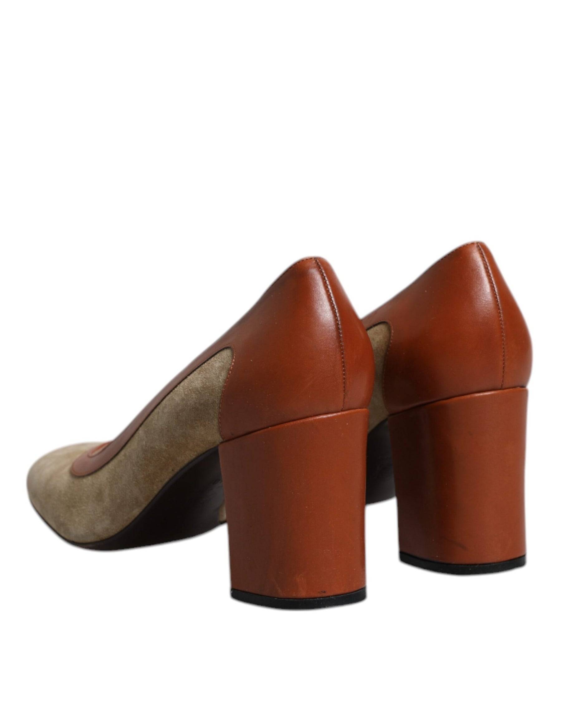 Dolce & Gabbana Beige Brown Leather Block Heels Pumps Shoes | Regal Royce
