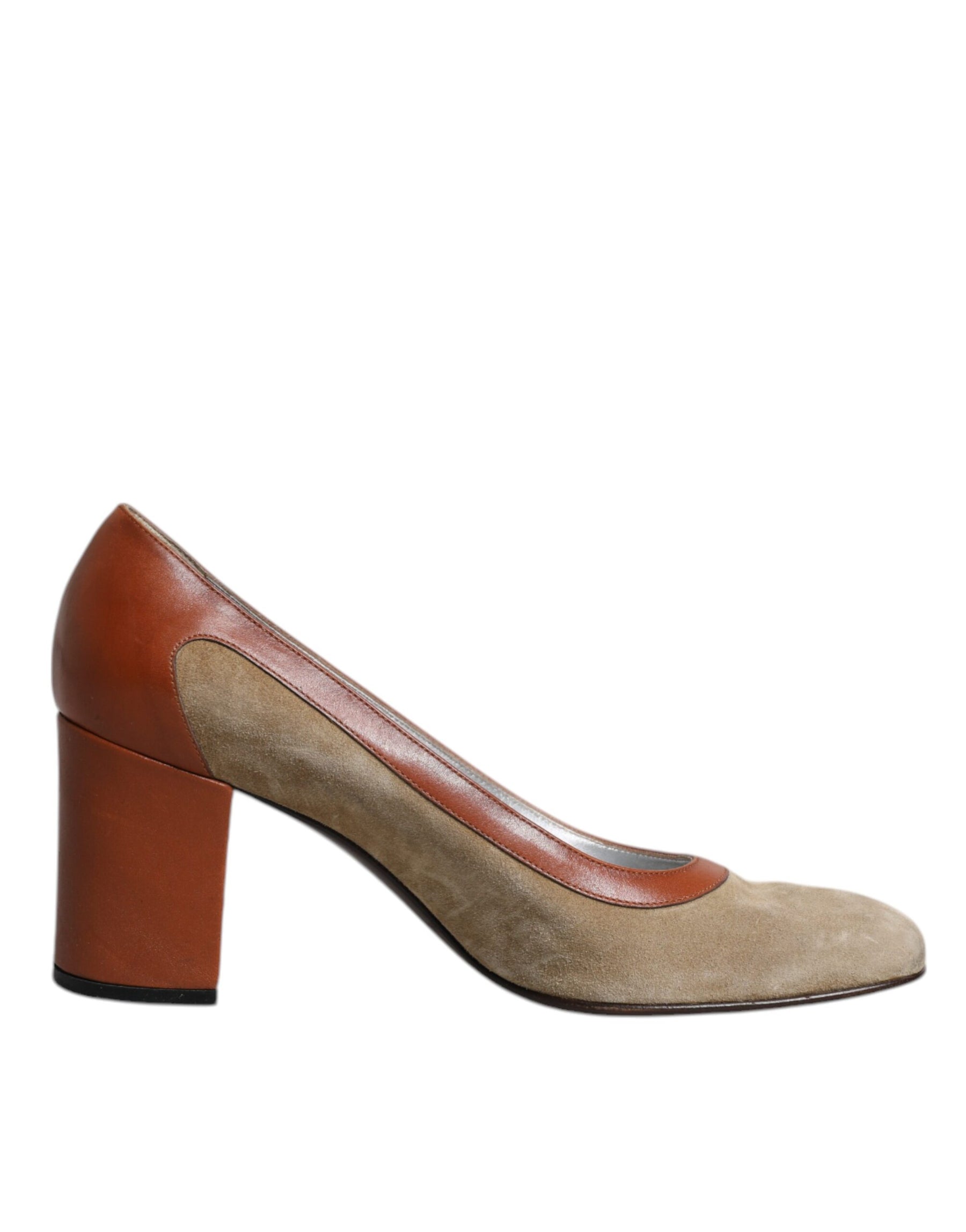Dolce & Gabbana Beige Brown Leather Block Heels Pumps Shoes | Regal Royce