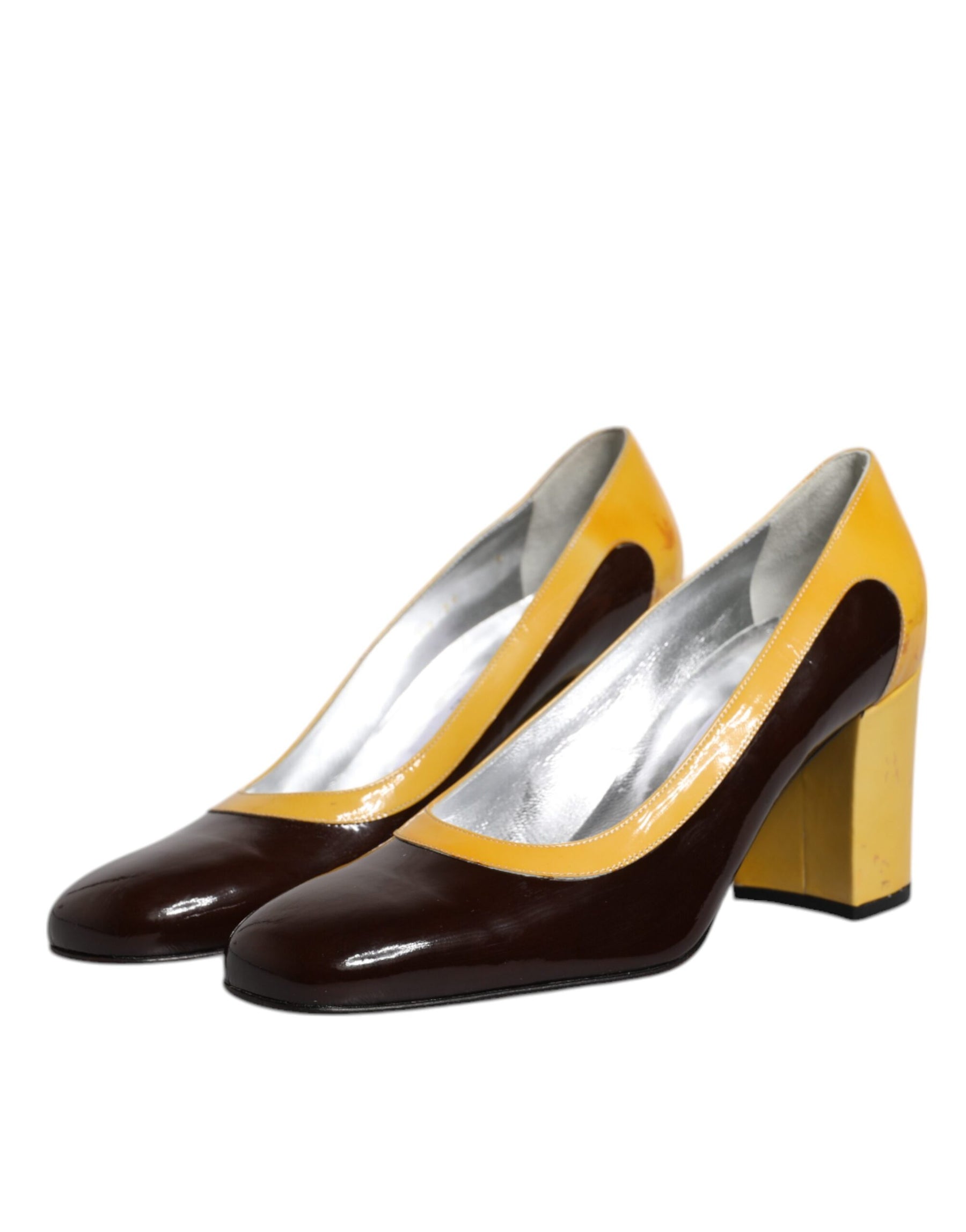 Dolce & Gabbana Yellow Brown Leather Block Heel Pumps Shoes | Regal Royce