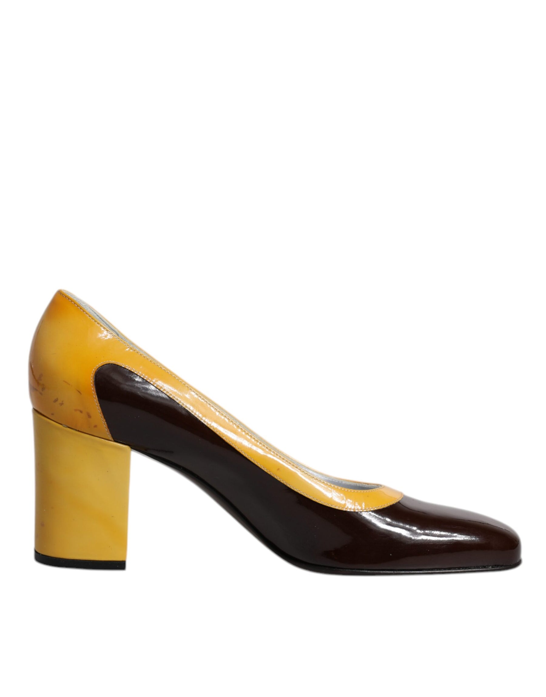 Dolce & Gabbana Yellow Brown Leather Block Heel Pumps Shoes | Regal Royce