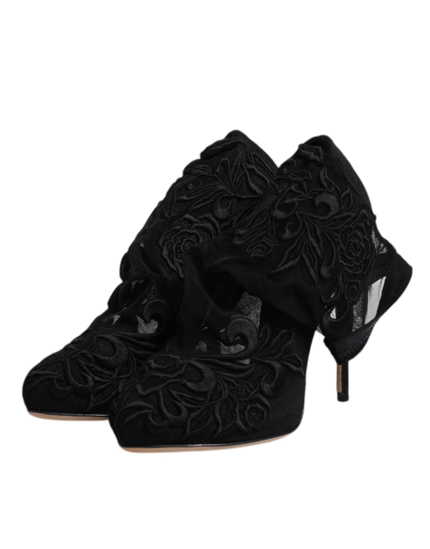 Dolce & Gabbana Black Tulle Stretch Heels Mid Calf Boots Shoes | Regal Royce