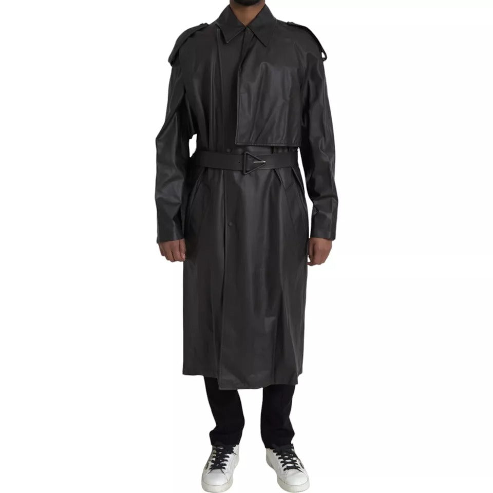 Bottega Veneta Black Leather Men Waterproof Trenchcoat Jacket | Regal Royce