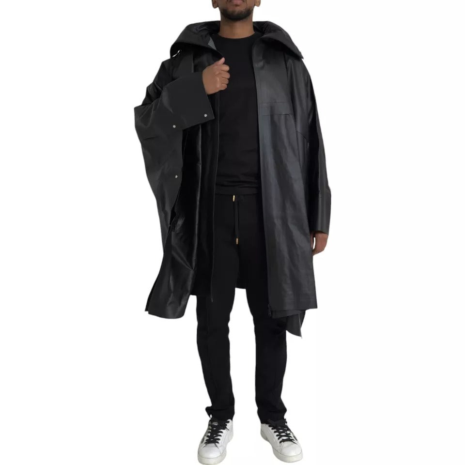 Bottega Veneta Black Leather Hooded Men Trenchcoat Jacket | Regal Royce