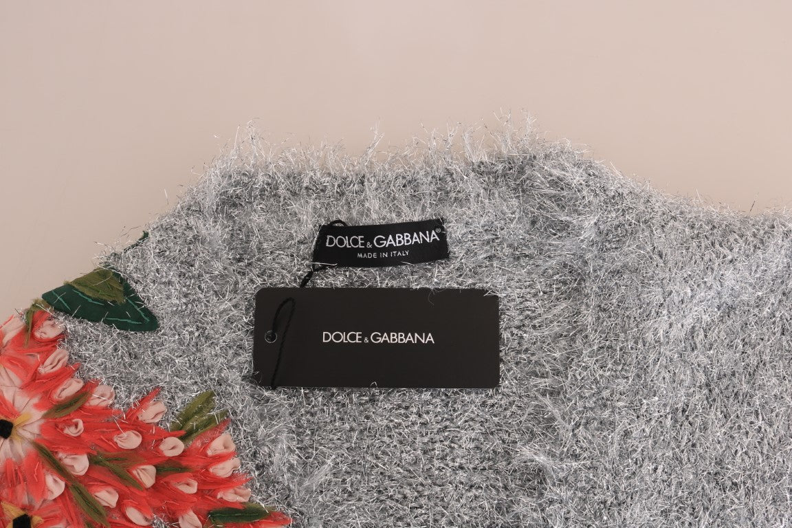 Dolce & Gabbana Silver Cardigan Floral Applique Sweater | Regal Royce