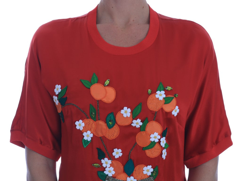 Dolce & Gabbana Red Silk Oranges Floral Crystal Blouse | Regal Royce