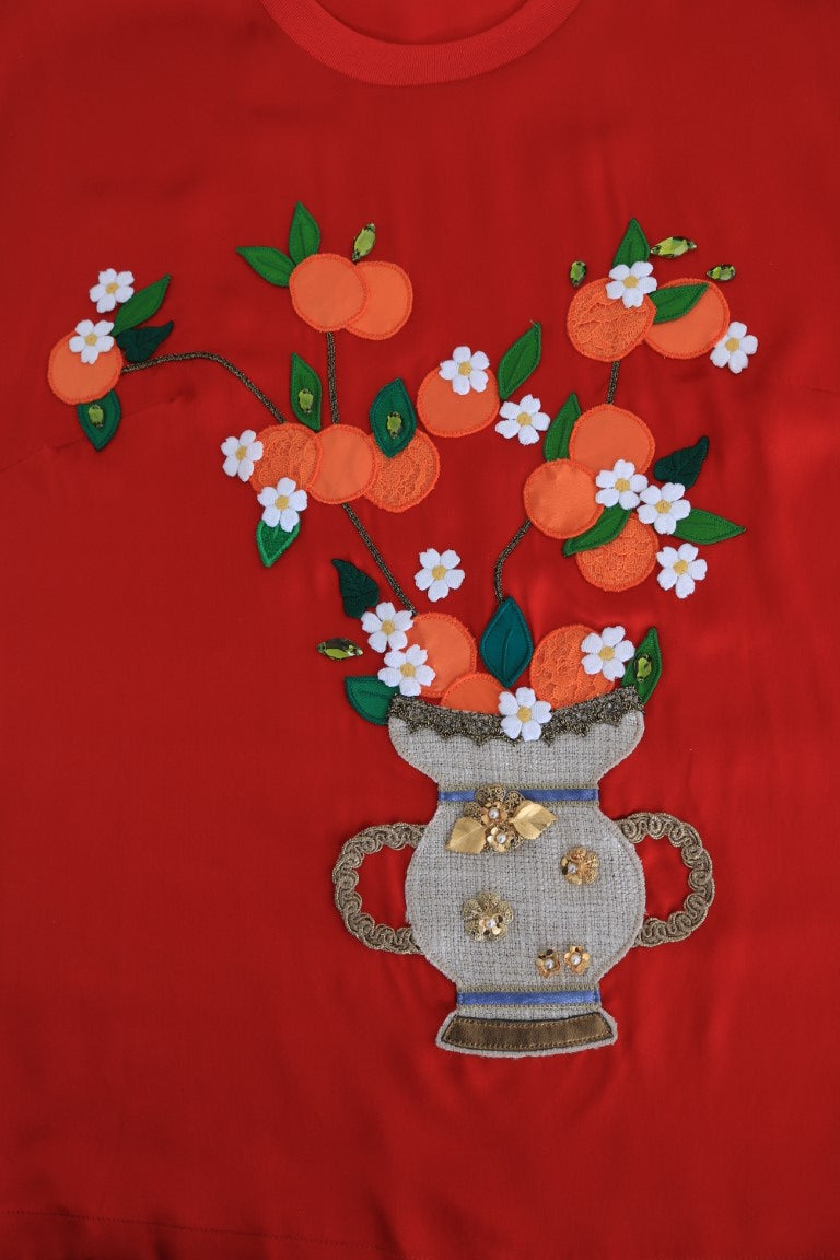 Dolce & Gabbana Red Silk Oranges Floral Crystal Blouse | Regal Royce