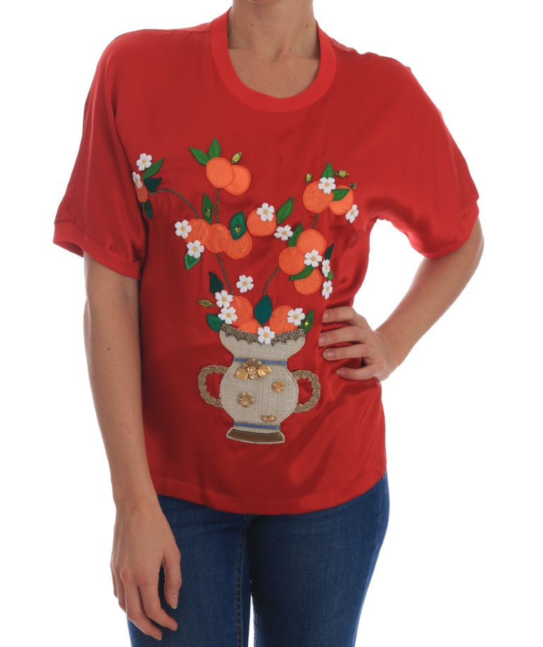 Dolce & Gabbana Red Silk Oranges Floral Crystal Blouse | Regal Royce
