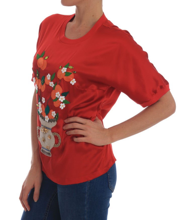 Dolce & Gabbana Red Silk Oranges Floral Crystal Blouse | Regal Royce