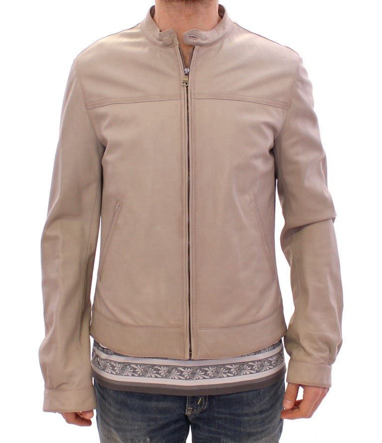 Dolce & Gabbana Beige Leather Jacket Biker Coat | Regal Royce