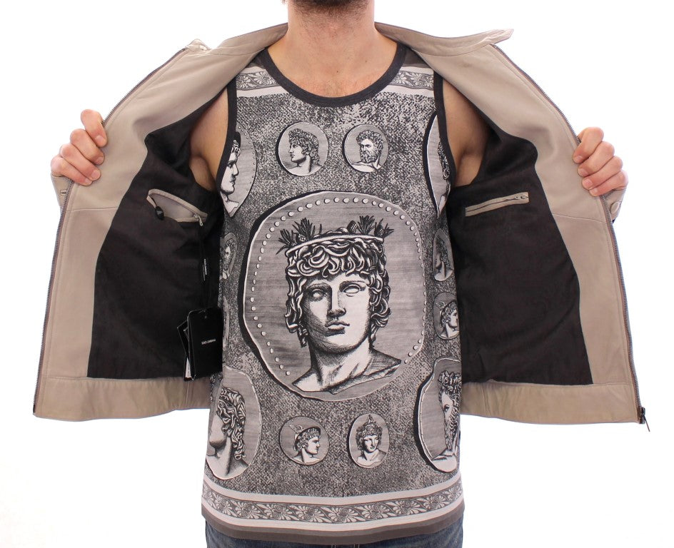 Dolce & Gabbana Beige Leather Jacket Biker Coat | Regal Royce