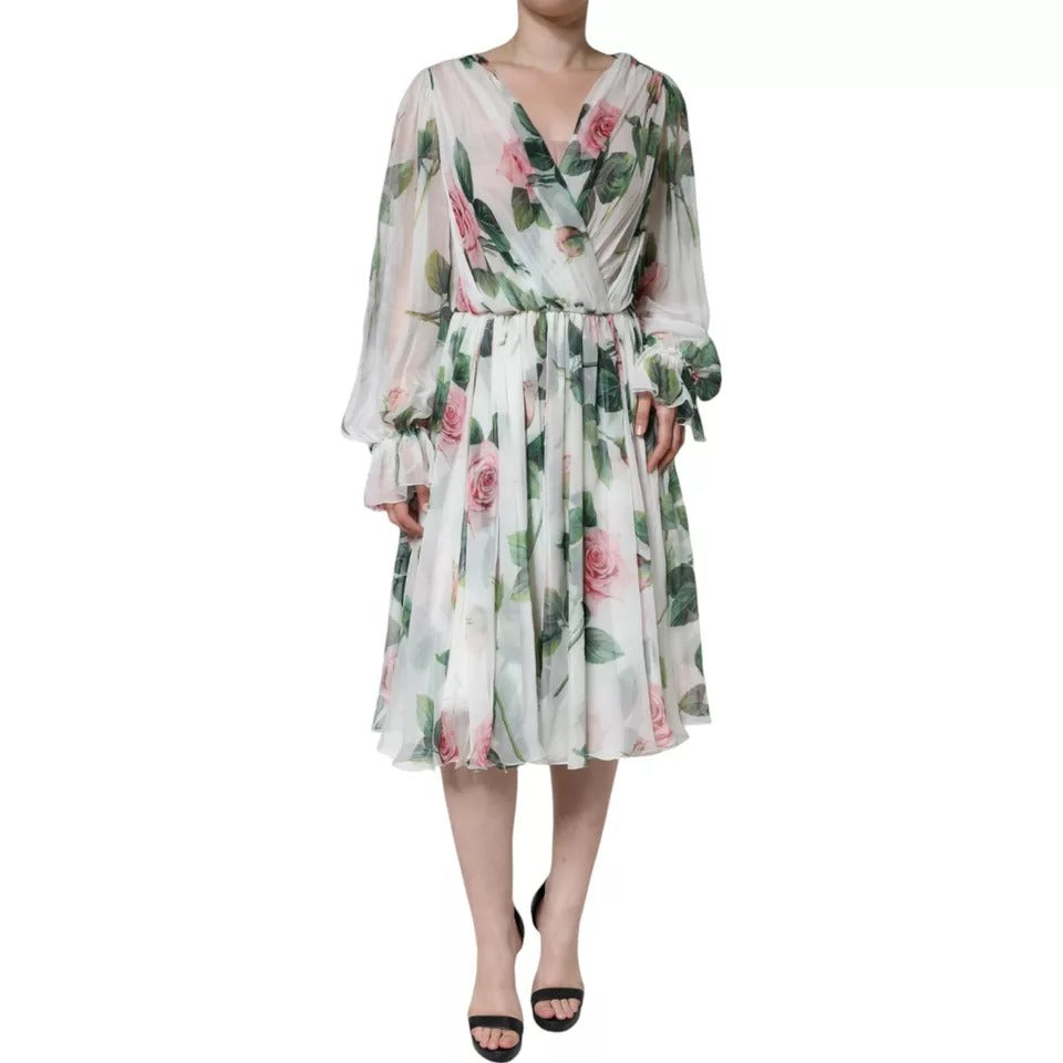 Dolce & Gabbana White Silk Floral Print A-line Midi Dress | Regal Royce