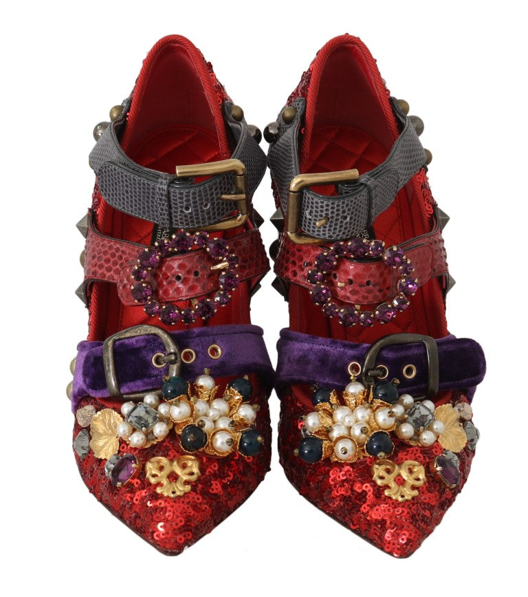 Dolce & Gabbana Red Sequined Crystal Studs Heels Shoes | Regal Royce