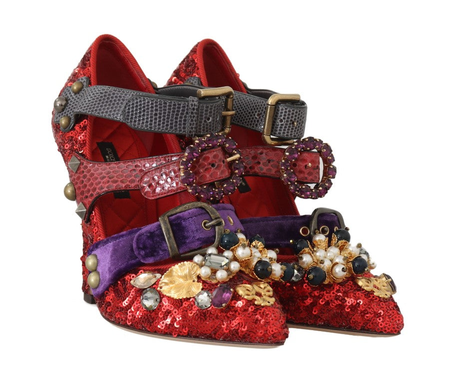Dolce & Gabbana Red Sequined Crystal Studs Heels Shoes | Regal Royce