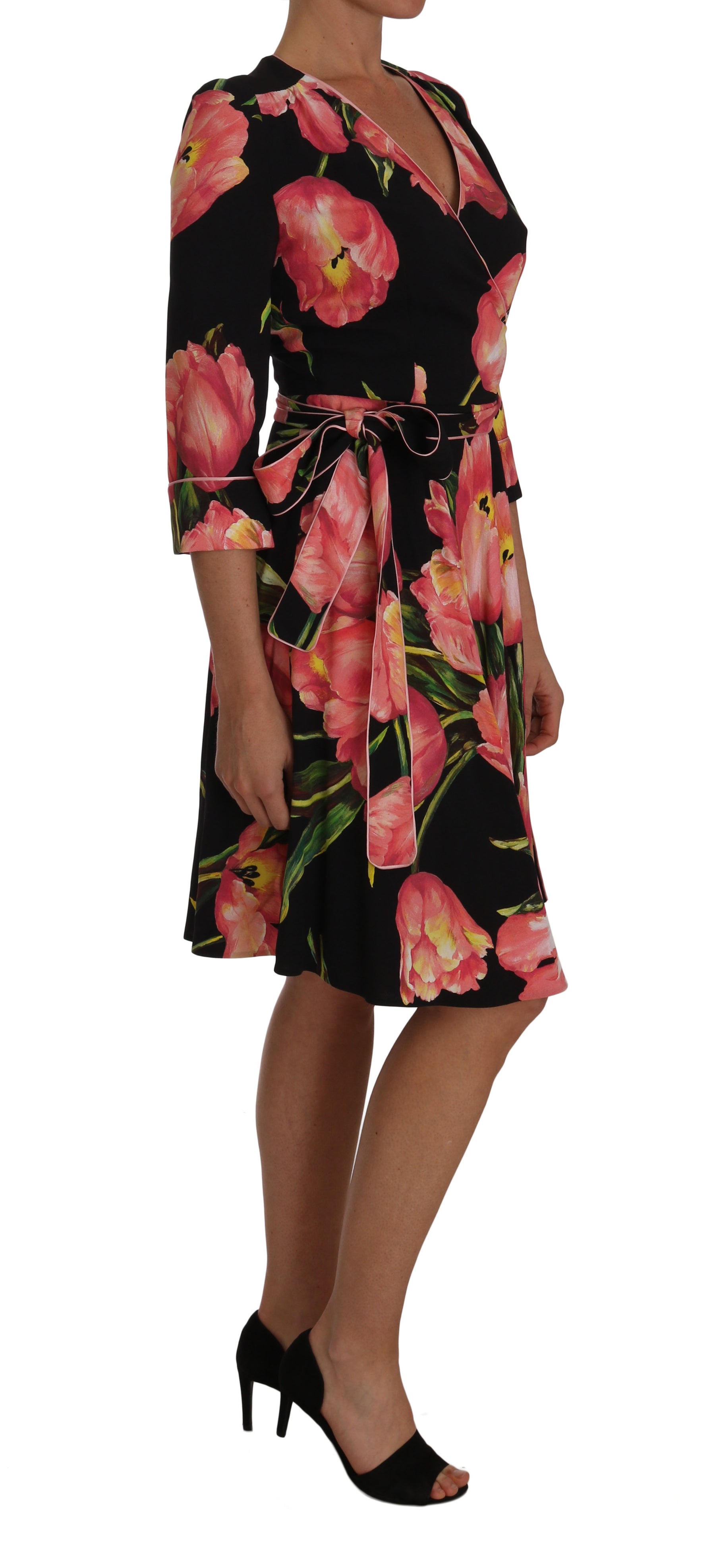 Dolce & Gabbana Black Pink Tulip Print Stretch Shift Dress | Regal Royce