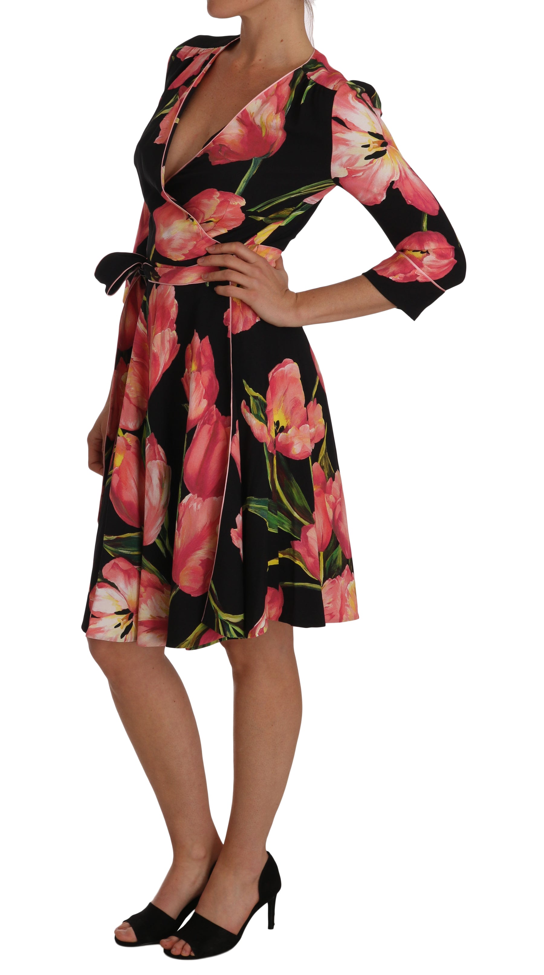 Dolce & Gabbana Black Pink Tulip Print Stretch Shift Dress | Regal Royce