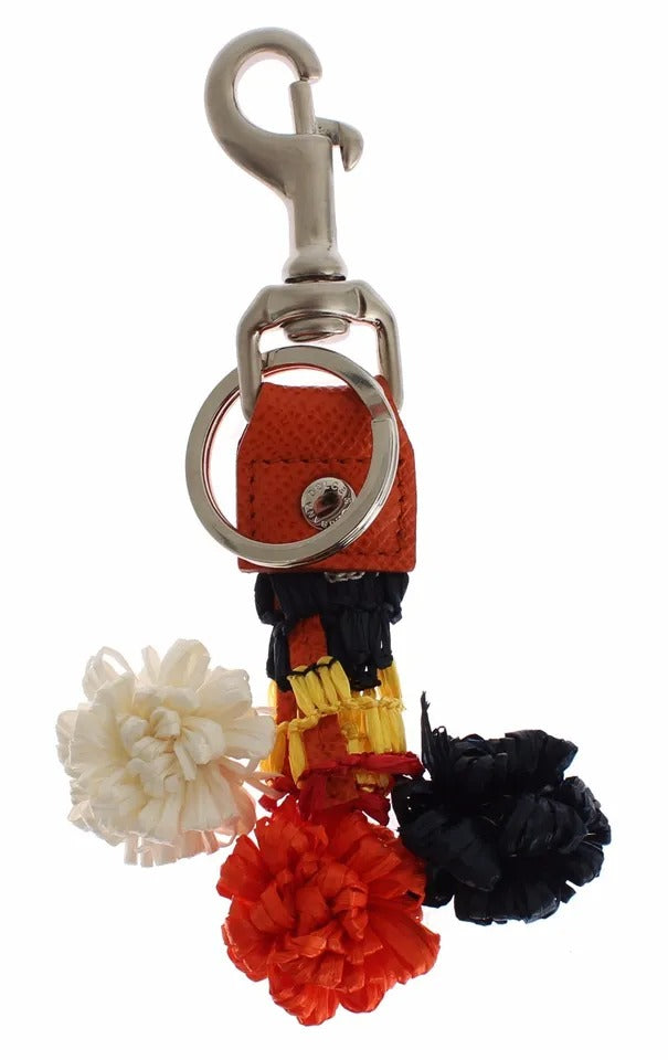 Dolce & Gabbana Silver Brown Raffia Leather Clasp Finder Chain Keyring | Regal Royce