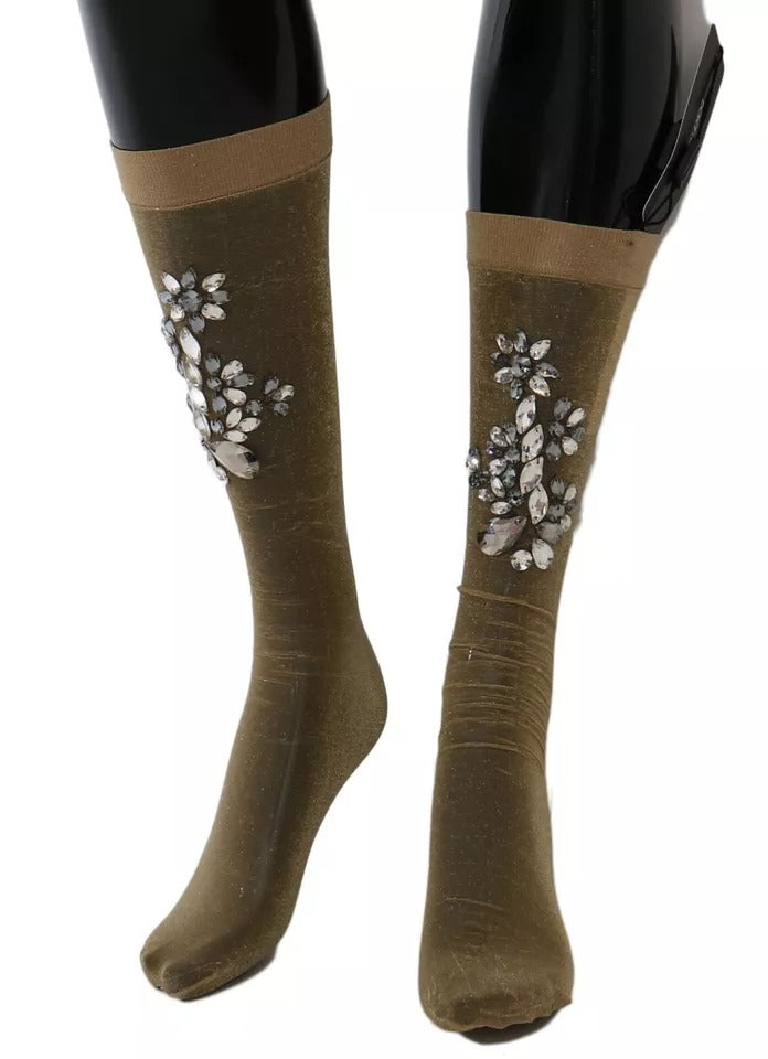 Dolce & Gabbana Gold Stretch Floral Clear Crystal Stocking Socks | Regal Royce