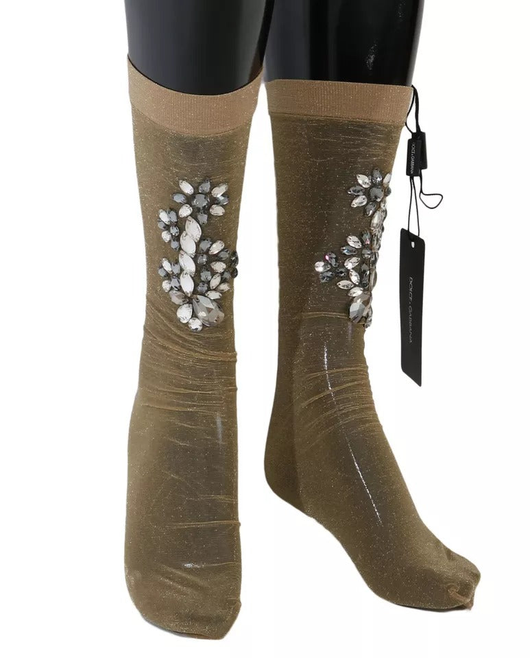Dolce & Gabbana Gold Stretch Floral Clear Crystal Stocking Socks | Regal Royce