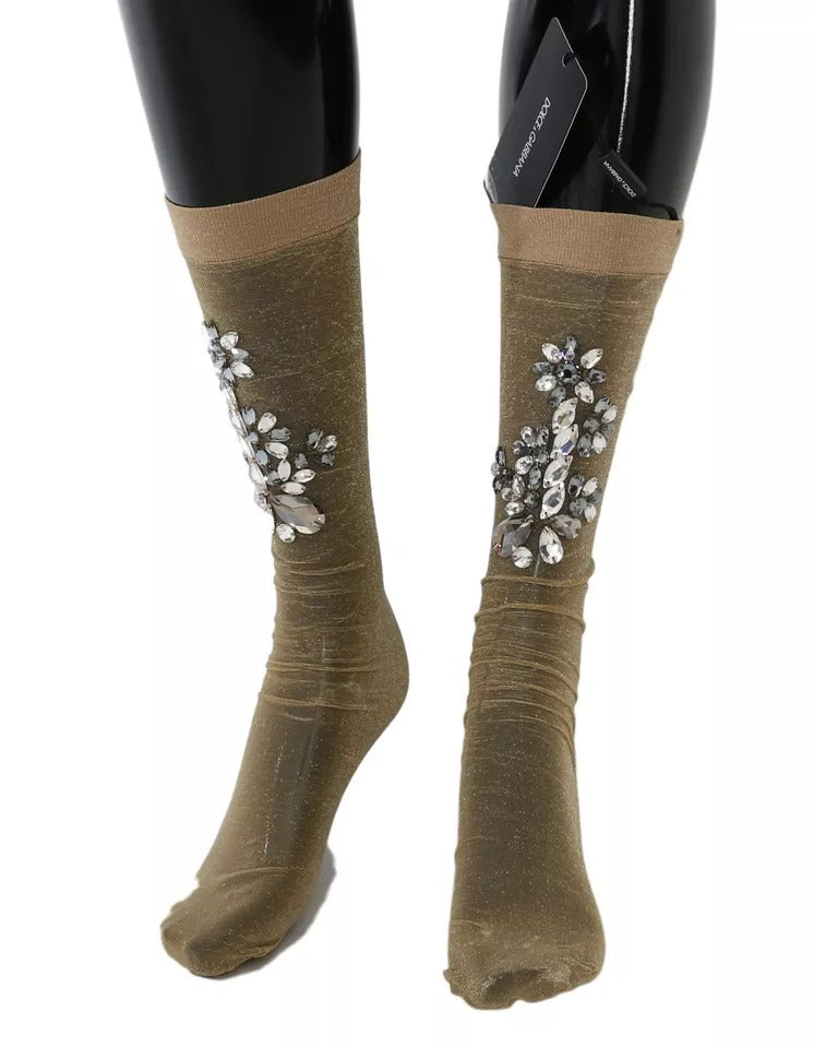 Dolce & Gabbana Gold Stretch Floral Clear Crystal Stocking Socks | Regal Royce