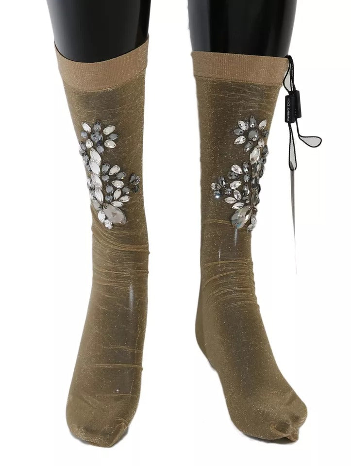 Dolce & Gabbana Gold Stretch Floral Clear Crystal Stocking Socks | Regal Royce