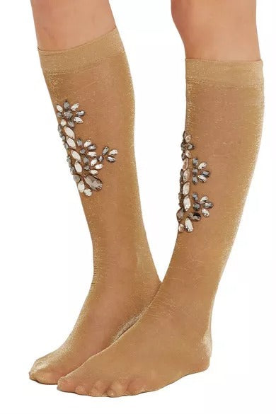 Dolce & Gabbana Gold Stretch Floral Clear Crystal Stocking Socks | Regal Royce