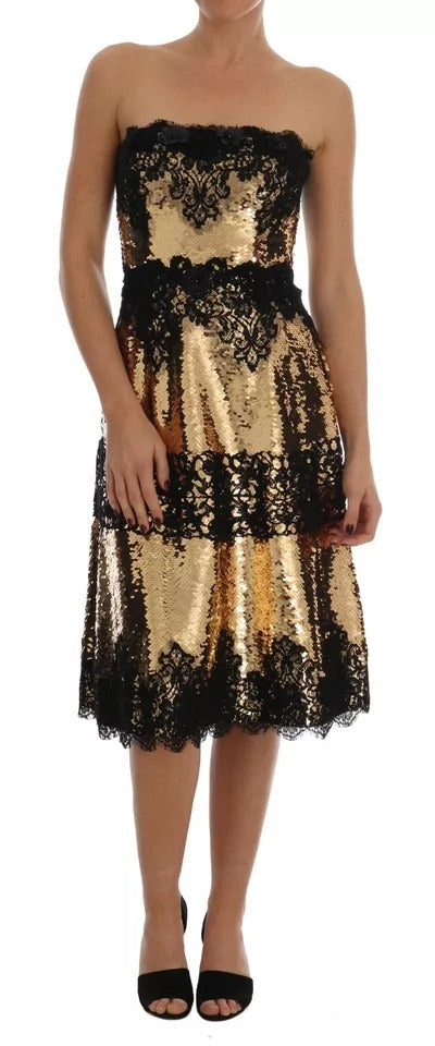 Dolce & Gabbana Gold Strapless Sequin Embellished Lace Dress | Regal Royce
