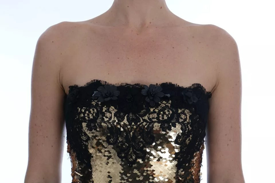 Dolce & Gabbana Gold Strapless Sequin Embellished Lace Dress | Regal Royce