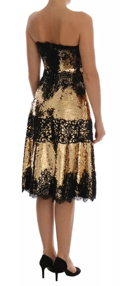 Dolce & Gabbana Gold Strapless Sequin Embellished Lace Dress | Regal Royce