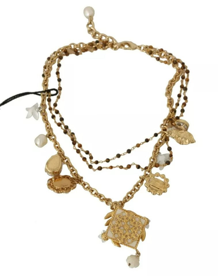 Dolce & Gabbana Gold Brass Crystal Floral Statement Charms Necklace | Regal Royce